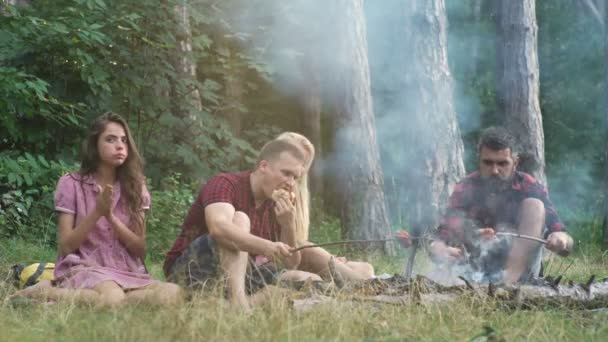 Jóvenes amigos felices haciendo picnic en el parque.Todos son felices, se divierten, sonríen. Amigos felices en el parque haciendo picnic en un día soleado . — Vídeo de stock