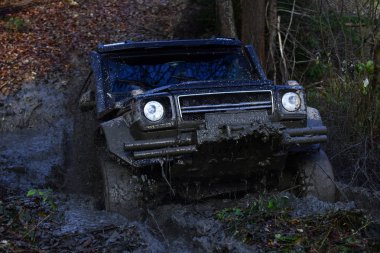 Siyah crossover aracılığıyla kir doğa ile arka plan üzerinde sürüş.