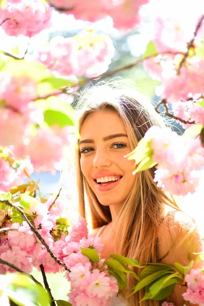 Portret van lief blond meisje omringd door roze bloemblaadjes. Vrouw met grote ogen en charmante glimlach op natuurlijke achtergrond, geluk concept. Vrouw verbergen in takken van bloeiende Japanse kers — Stockfoto