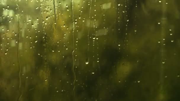 Fenêtre de maison humide avec des gouttes de pluie. goutte de pluie d'eau sur le verre — Video