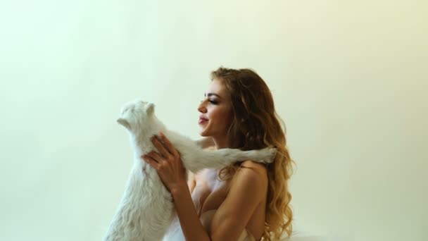 Sensual woman with goat. Sexy blond girls with goat. — Stock Video