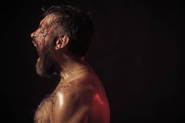 Stres direnç kavramı. Sakallı adam Not siyah arka plan üzerine öfke ile