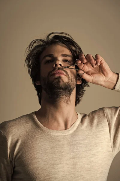 Men health care. Man trimming nose hair with scissors. — Stock Photo, Image