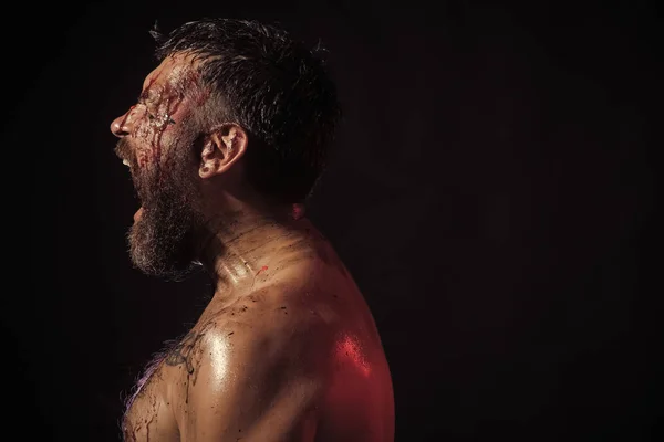 Stress resistance concept. Man with beard shout with anger on black background — Stock Photo, Image