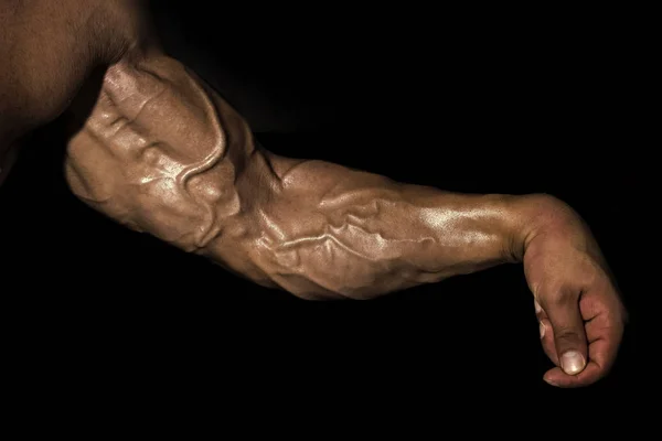 Lutador de braço. Braço com músculos, bíceps, tríceps e veias sobre fundo preto — Fotografia de Stock