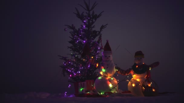 Kerstversiering - sneeuw man met tak van de zilverspar met gekleurde lampen — Stockvideo