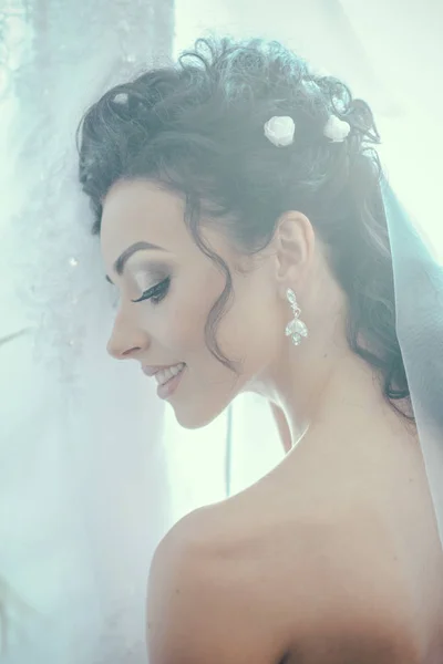 Feliz sorriso de noiva no dia do casamento. Mulher sensual com maquiagem profissional. Mulher com véu de noiva no cabelo morena. Menina da moda com aparência glamour e beleza. Preparação da manhã de casamento — Fotografia de Stock