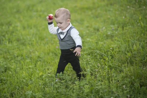 Liten pojke äter äpple på grönt gräs, mat — Stockfoto