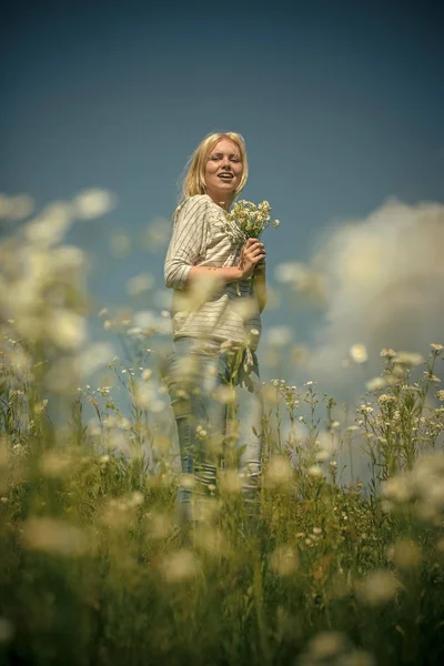 Primavera, mujer en el campo de manzanilla . — Foto de Stock