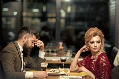 treason and resentment. Bad date of couple, break up relations and love. couple with misunderstanding at restaurant. Business meeting of man and woman. Valentines day with woman and man. Dislike makes clipart