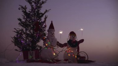 Mutlu Noeller ve mutlu yeni yıl. Noel mutlu kardan adam kışın ayakta manzara. Mutlu yeni yıl kardan adam ile. Snowmans mutlu çift. Snowmans kutlama