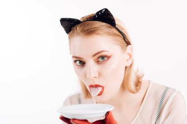 Ekoloji ürün ve heath. Diyet ve sağlık. Seksi kedi kadın yalamak süt plaka. Yiyecek ve içecek. Kedi kadın ye ekşi krema. Kız yavru kedi kulakları ve yoğurt üzerine beyaz izole kırmızı eldivenler.