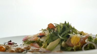 Mantar, salatalık, havuç, Mısır, kabak, tatlı biber, domates, soğan, yeşillik ve beyaz arka plan üzerinde plaka üzerinde peynir ile lezzetli sebze salatası karışık. Modern moleküler Gastronomi