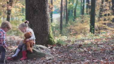 Sevimli küçük kız ormanda yaz gününde hiking. Ormandaki kız mutlu çocuk. Doğa yürüyüş sonbaharda oynayan küçük çocuk. Mutlu aile ile ormanda köpek yürüyüş.