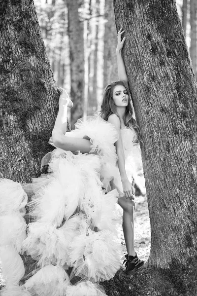 ファッションモデルのカメラにポーズします。グラマー女性の木の近く — ストック写真