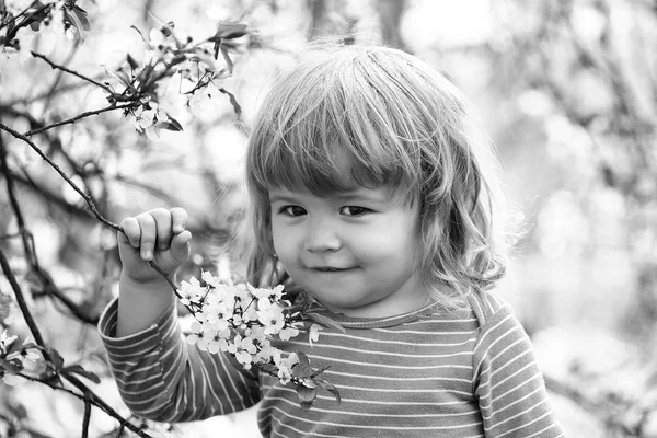 Lyckligt barn. Liten pojke med blossom — Stockfoto