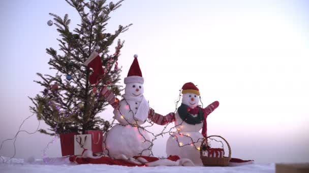 Gott nytt år med snögubbe. Snowmans lyckliga paret. Snowmans firande — Stockvideo