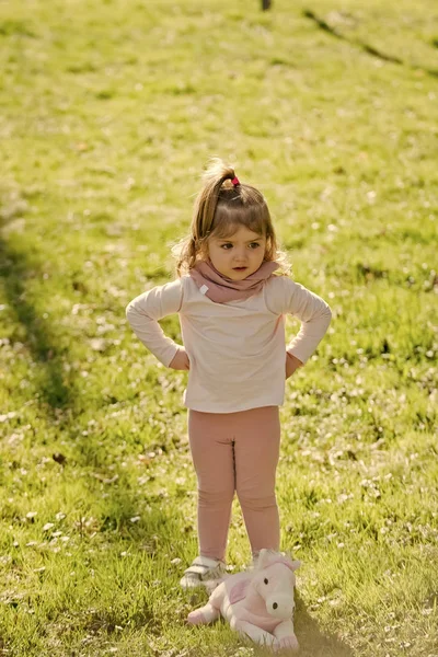 Serious little girl. Child girl play with horse toy on green grass — Stock Photo, Image