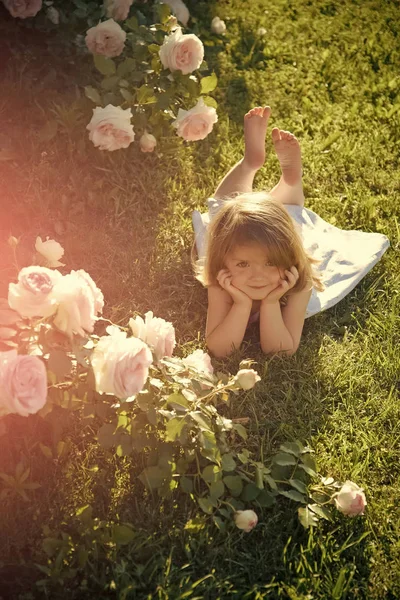 Child with cute smile at blossoming rose flowers. Growth and flourishing. Innocence, purity and youth concept — Stock Photo, Image