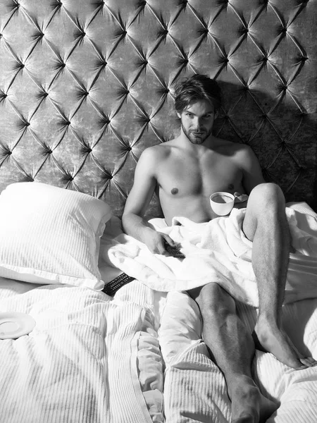Eskort hizmetleri. sakallı adam yatakta kahve ile — Stok fotoğraf