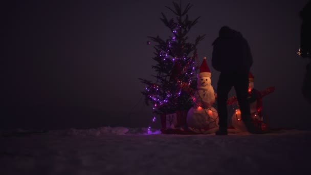 Bonne année avec Snowman. Bonhommes de neige couple heureux. Fête des bonhommes de neige — Video