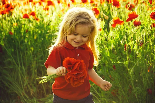 Childhood and happiness. little boy or child in field of poppy seed — Stock Photo, Image
