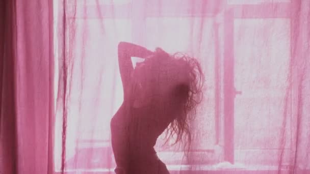 Donna sensuale che balla dietro il tulle. Silhouette donna che balla. Performance di danza — Video Stock