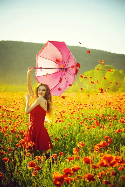 şemsiye satışı. kadın şemsiye ile haşhaş tohumu alanındaki