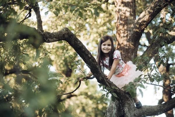 Dítě úsměv na větev stromu, dětství — Stock fotografie