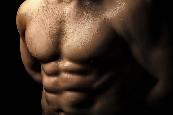 Treinamento em musculação. Torso molhado masculino muscular — Fotografia de Stock