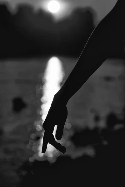 Silhouette de la main. Main féminine sur beau coucher de soleil — Photo