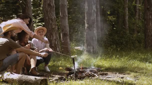 Táborový oheň v létě. Přátelé v lese sedí u táboráku — Stock video