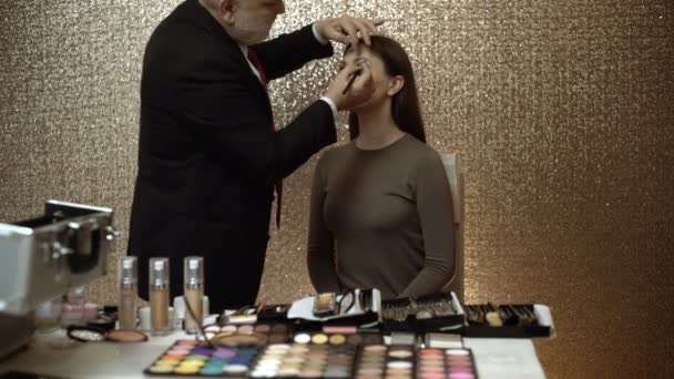 Maquilleur professionnel montrant des master classes pour le maquillage. Maquilleuse professionnelle travaillant avec une belle jeune femme — Video