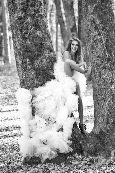 自然に結婚式。グラマー女性の木の近く — ストック写真