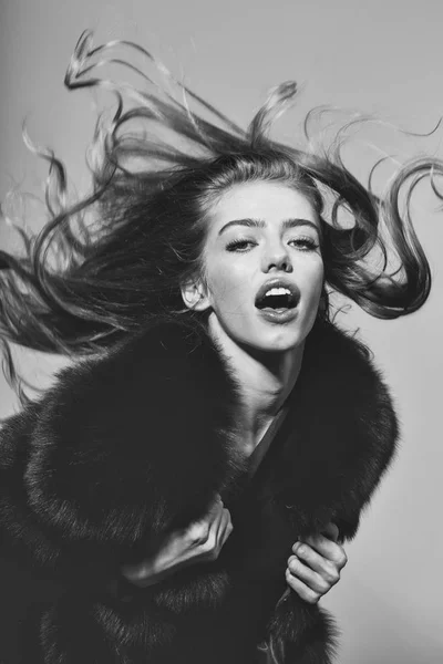 advertising of fur products. pretty sexy woman or girl with long hair in fur