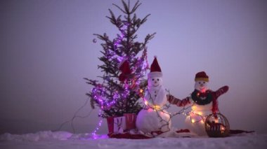 Mutlu Noeller ve mutlu yeni yıl. Noel mutlu kardan adam kışın ayakta manzara. Mutlu yeni yıl kardan adam ile. Snowmans mutlu çift. Snowmans kutlama