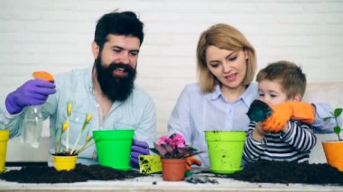 Aile bitki çiçek tencere. Aile birlikte bahçe. Mutlu aile güneşli bir günde Bahçe.