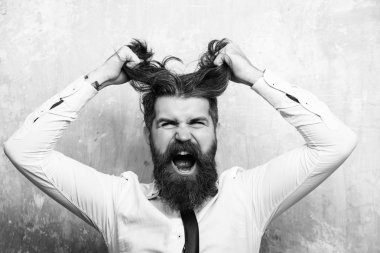 adam deli gider ve onun saç gözyaşları. sakallı adam veya hipster uzun sakallı yüzü bağırarak