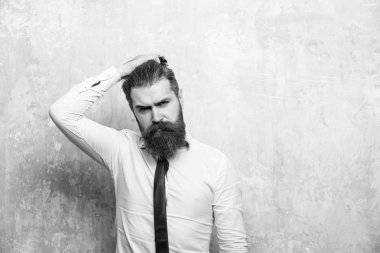 düşündü adam kafasını kaşıdı. hipster veya ciddi bir yüz üzerinde uzun sakallı sakallı adam