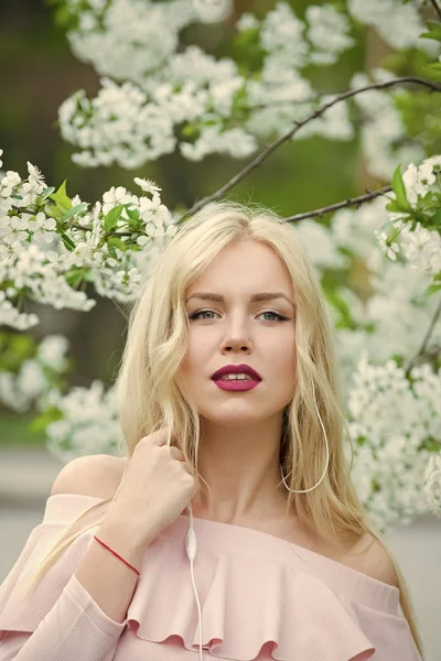 Sensuele vrouw in cherry bloei luisteren muziek. Vrouw in hoofdtelefoons op magnolia bloem — Stockfoto