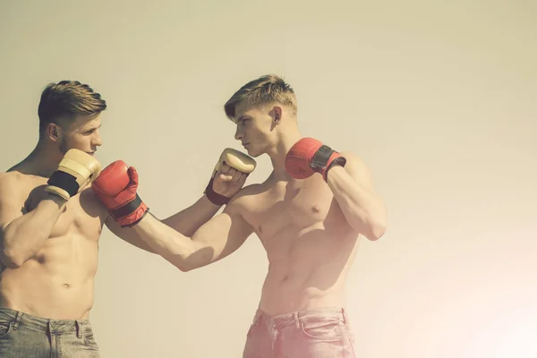 brothers are sparring Winner and loser in boxing gloves.