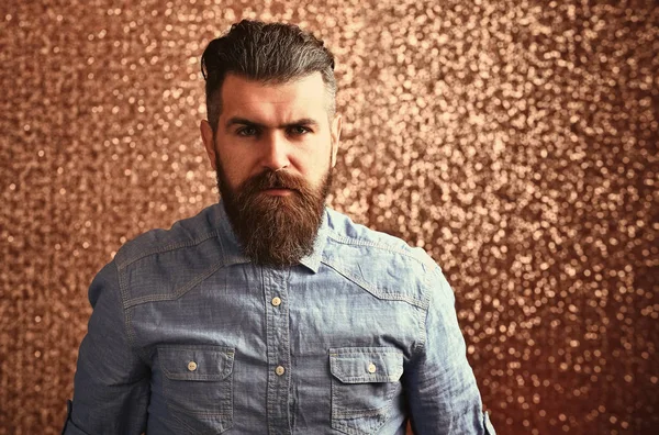 Beauty fashion portrait. Bachelor with bearded face, mustache pose in blue shirt — Stock Photo, Image