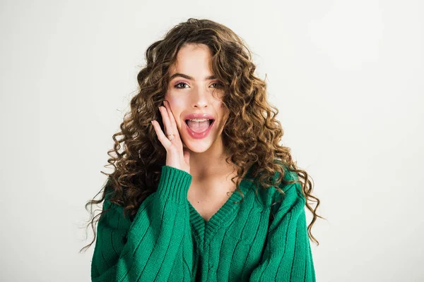Retro girl with stylish makeup and hair in paris. retro fashion style of parisian woman with long curly hair in green sweater. — Stock Photo, Image