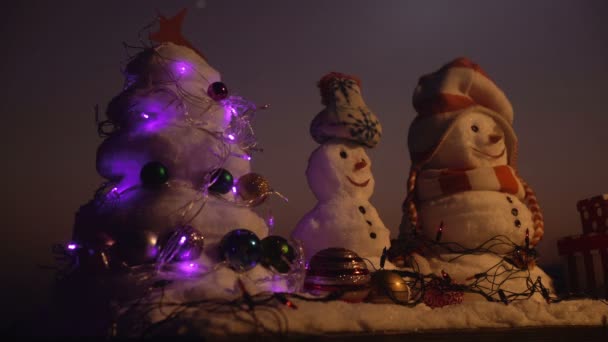 Winter holidays celebration concept. Snowmen with smiley faces in hats on evening landscape. Snow sculptures on sunset sky background. Merry Christmas and happy new year. xmas tree with star and balls — Stock Video