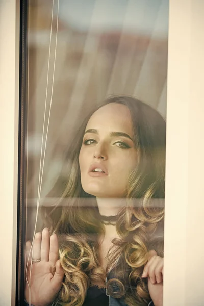 Şehvetli bir seksi kız moda portre. Pencereden dışarı bak kız — Stok fotoğraf