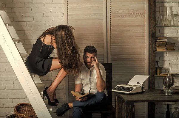 Fashion, beauty, hairstyle. Love, relations, couple, family. Bearded man and sexy woman on ladder — Stock Photo, Image