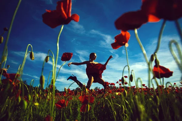Campo de papoilas florescendo. menina pulando no campo de flores de semente de papoula — Fotografia de Stock