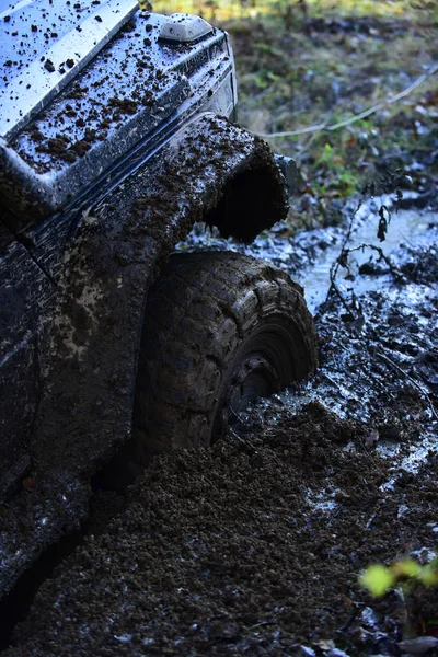 Fragment of car stuck in dirt, close up. — Stock Photo, Image