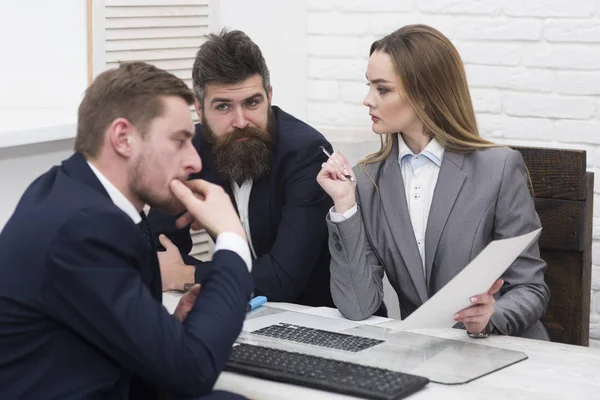 Business partners or businessmen at meeting, office background. Woman lawyer or accountant consulting entrepreneurs. Business negotiations, discuss conditions of deal. Business consulting concept
