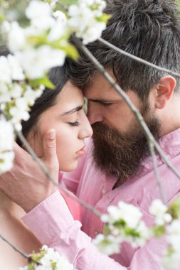 Yakınlık anları. Bahar aşk mevsimidir. Adam sarılmak şehvetli kadın sakallı. Cilt Bakımı ve tazelik. Sevgililer günü. Çift çiçek açması ağaçları arasında aşık. Aşk ve romantizm